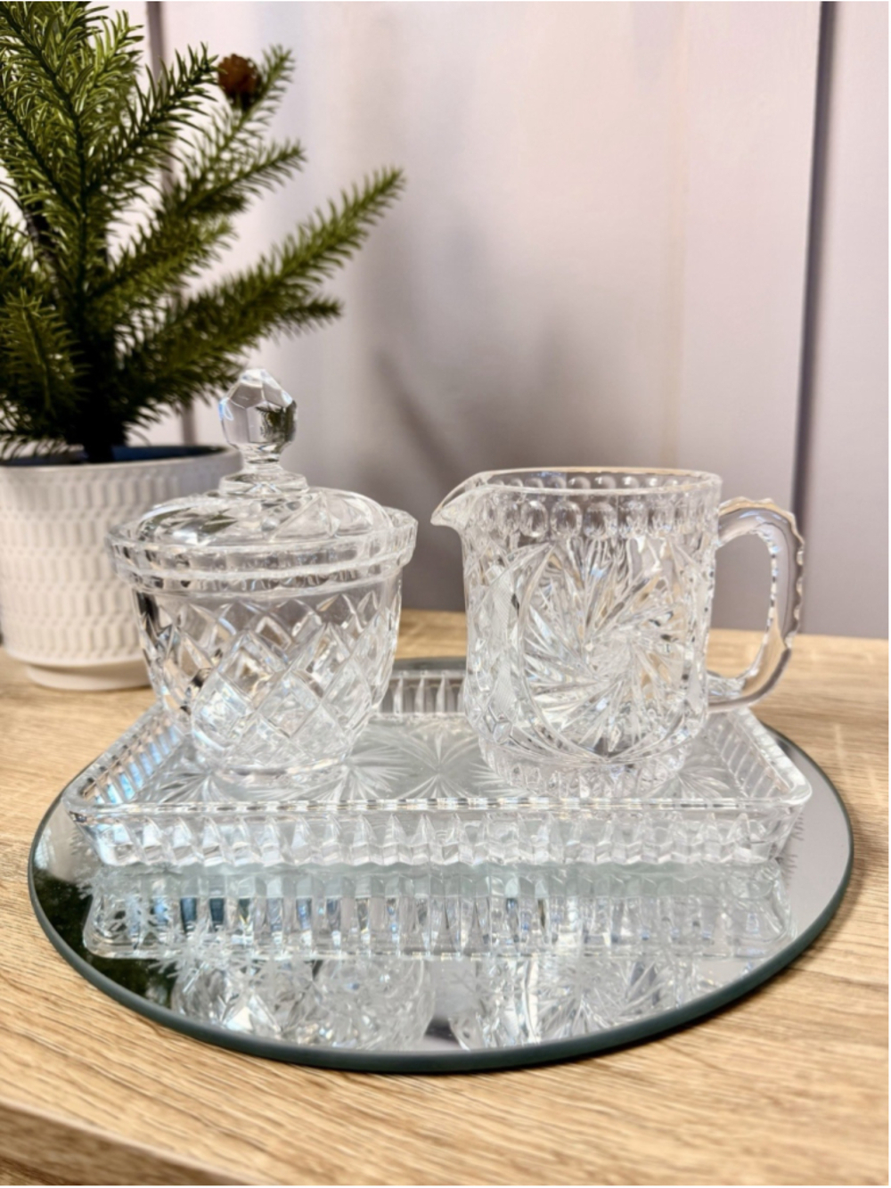 Vintage Bohemian Style Crystal Glass Tray, Lidded Sugar Bowl & Cream/Milk Jug